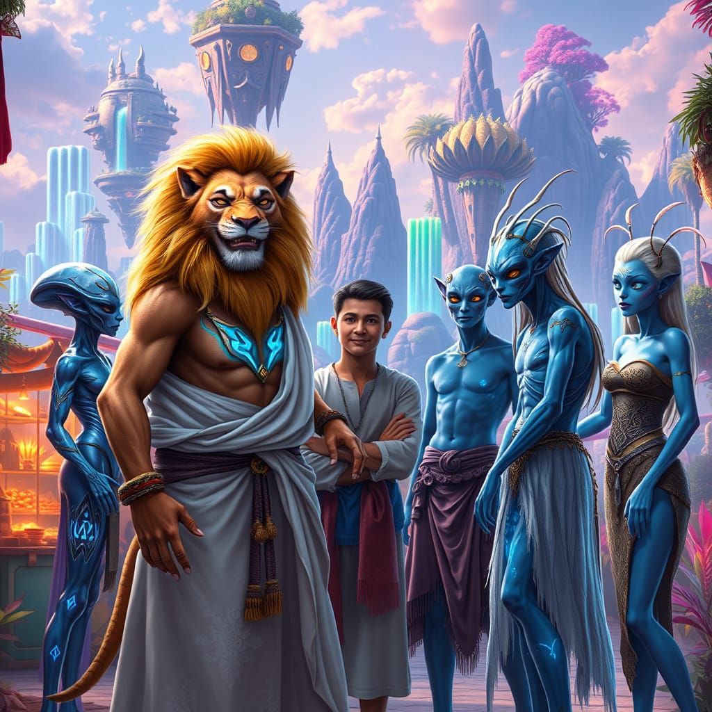 Lion-Head Humanoid Mischief in a Vibrant Intergalactic Marke...
