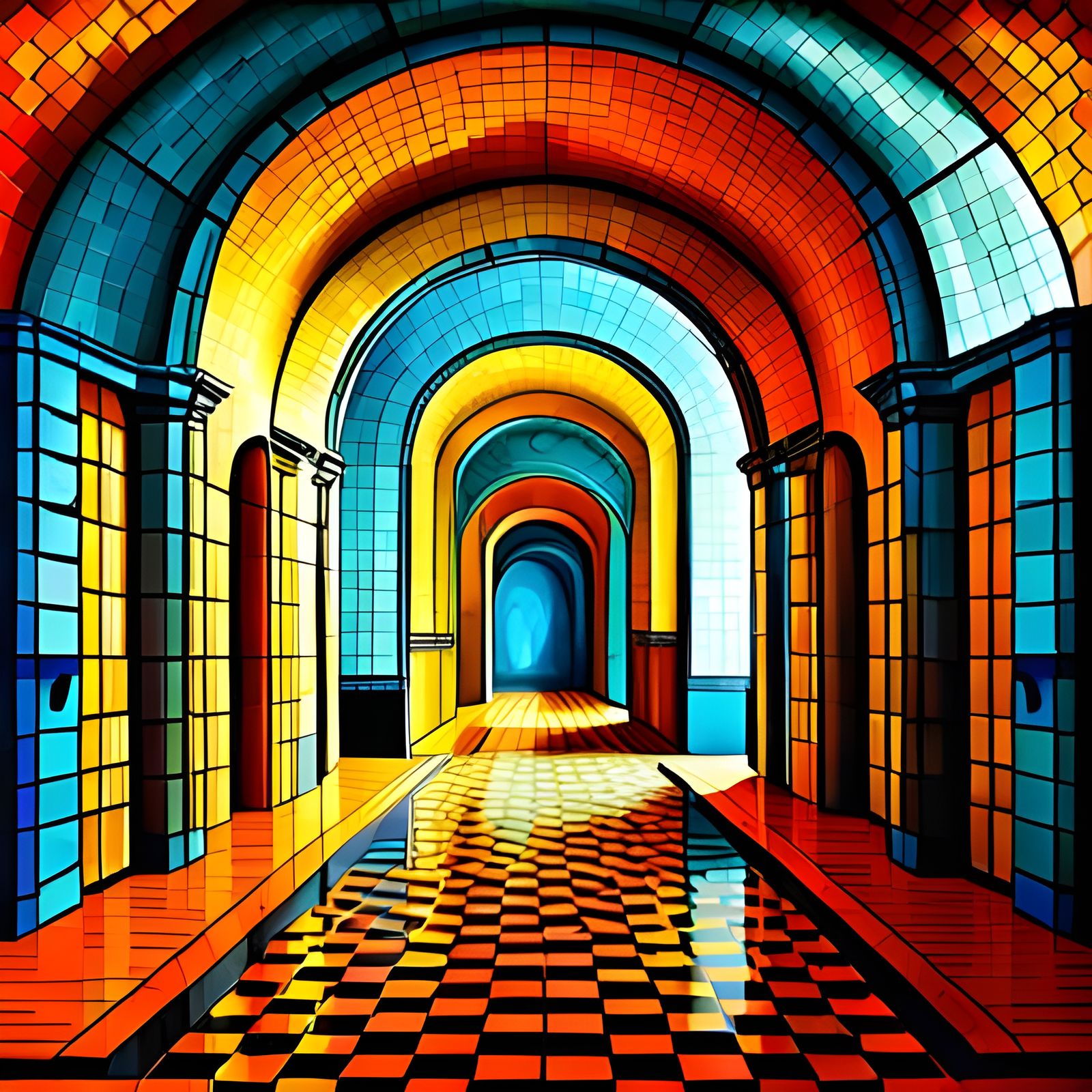 Ancient Mosaic with Geometric Shapes in Complementary Colors