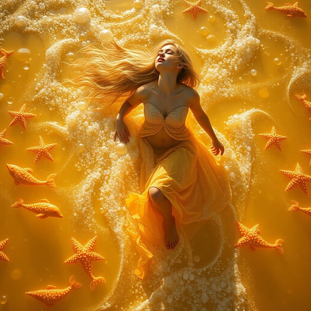 Woman Gliding Over Soda Ocean in Dreamlike Digital Art