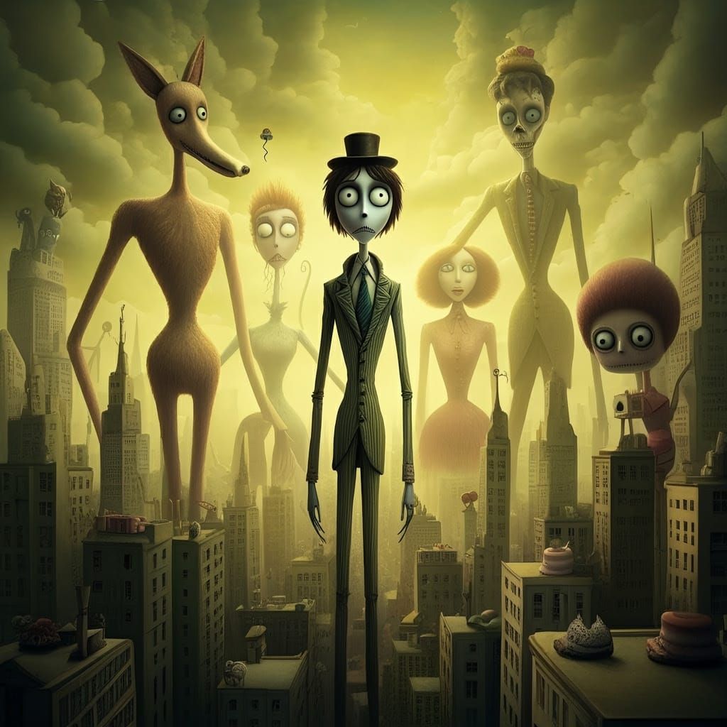 Gigantic Cityscape with Transforming Citizens in Whimsical T...