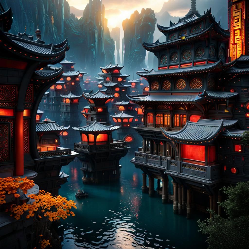 Futuristic Oriental City: Detailed Matte Painting