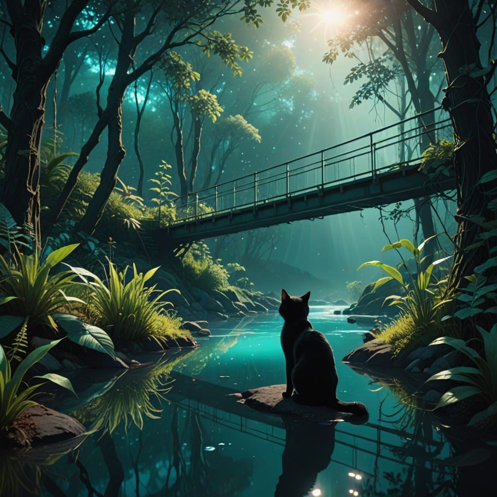 Ethereal Bioluminescent Landscape with Black Cat and Crystal...