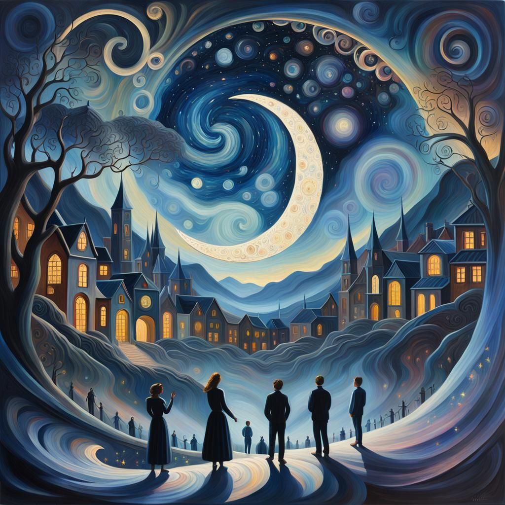 Vibrant Neo-Impressionist Scene with Human Figures and Celes...