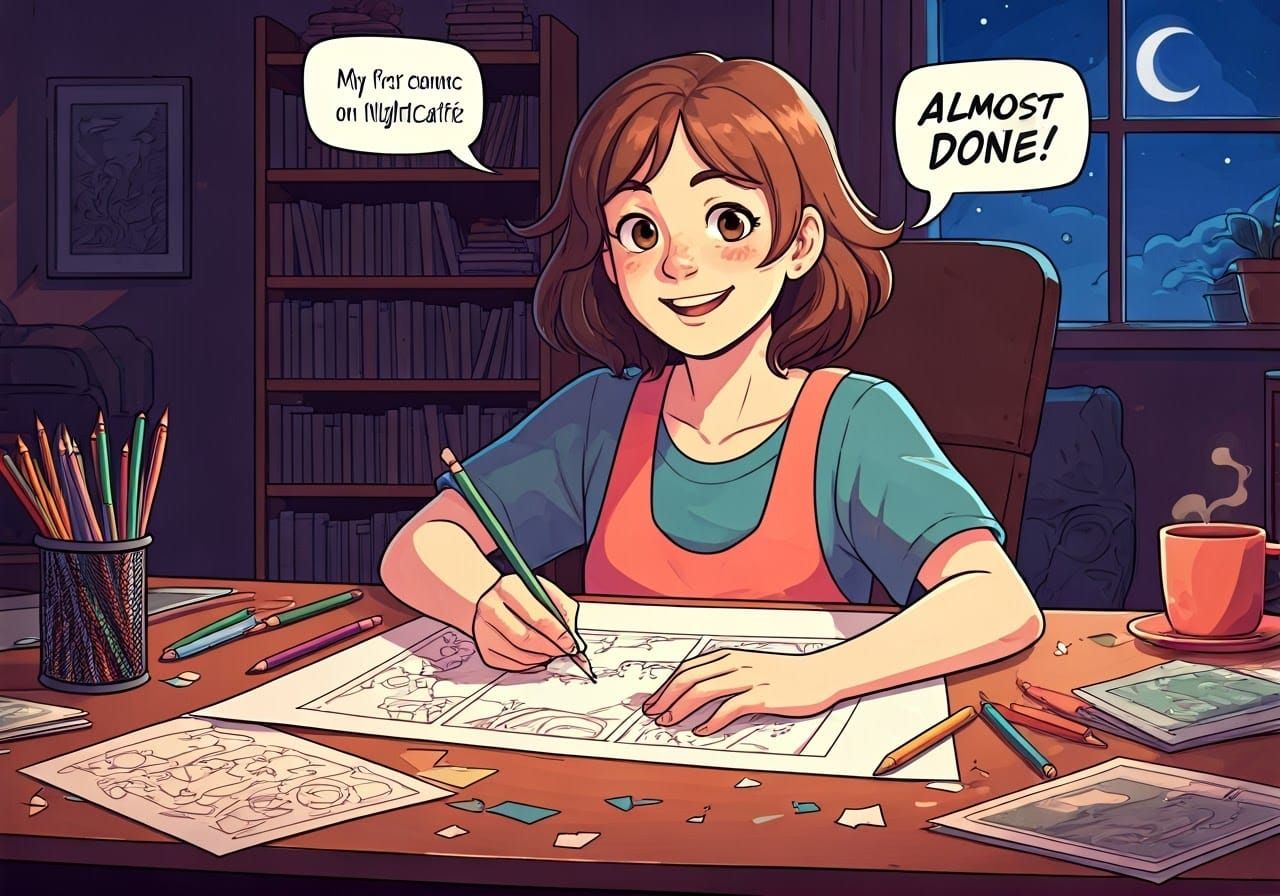 Young Artist Creates Comic Masterpiece in Cozy Studio