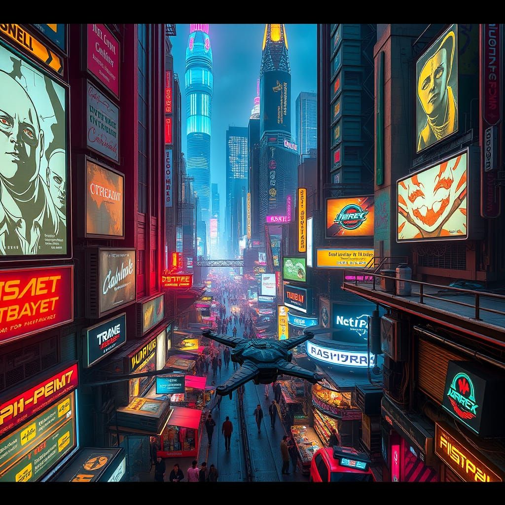 Cyberpunk Metropolis: Drone's-Eye View of a Neon City