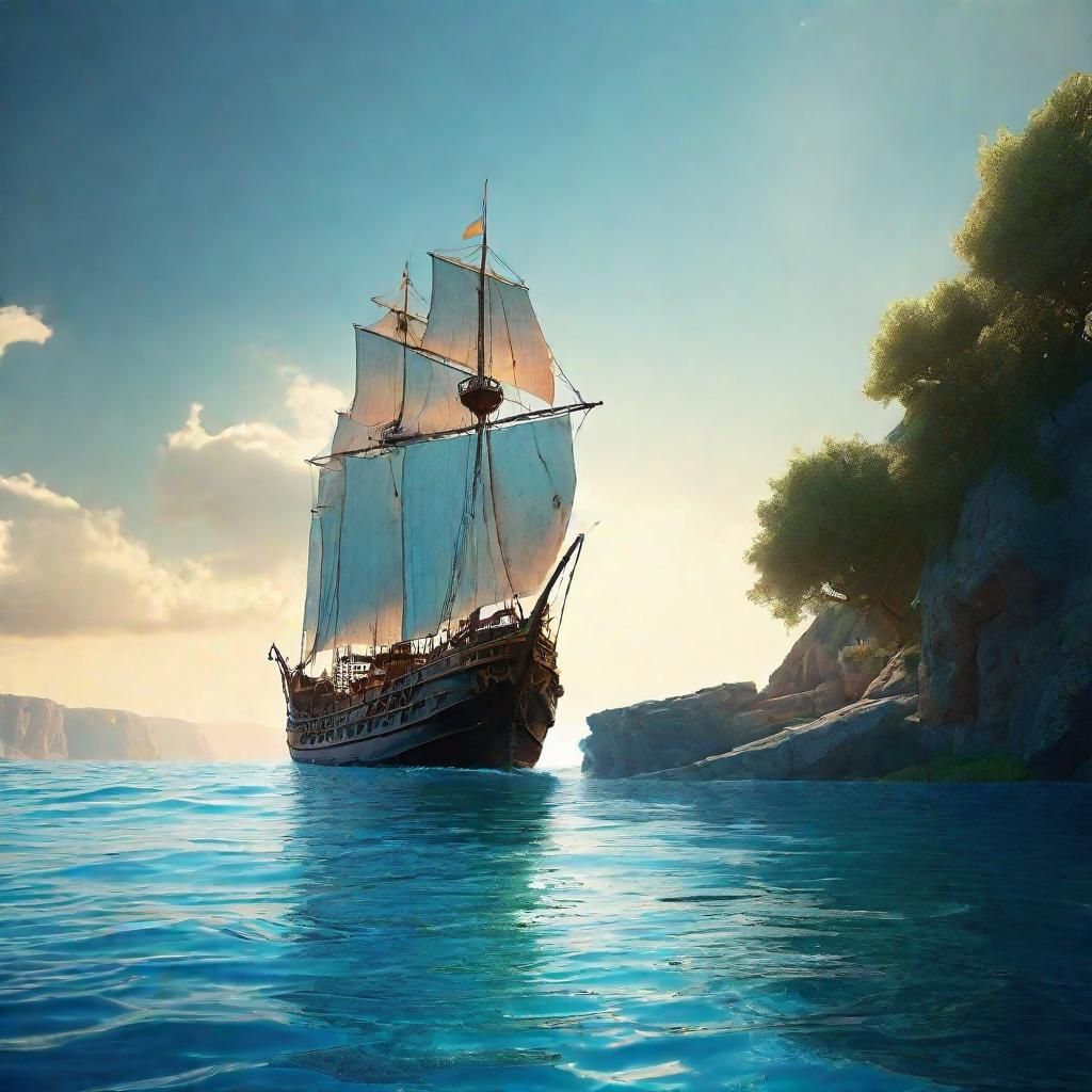 Greek Galley Sails Azure Sea: Maximalist Digital Painting