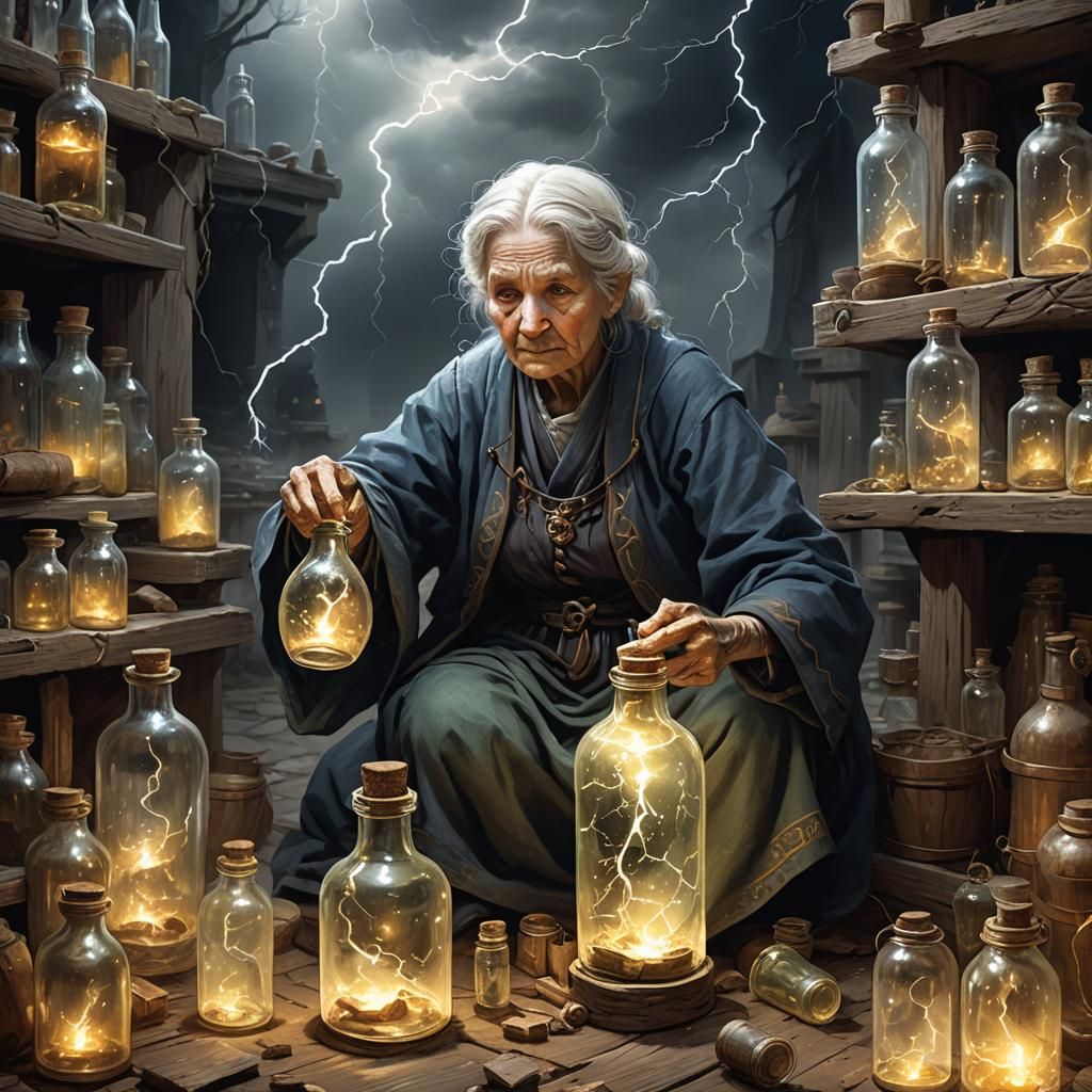 Fantasy Image: Old Woman Capturing Lightning