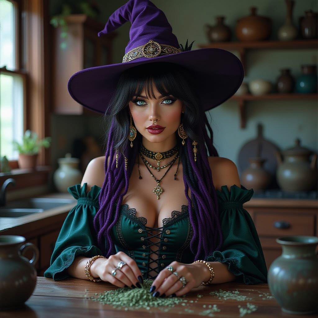Eerie Witch Woman Grinding Herbs in Kitchen