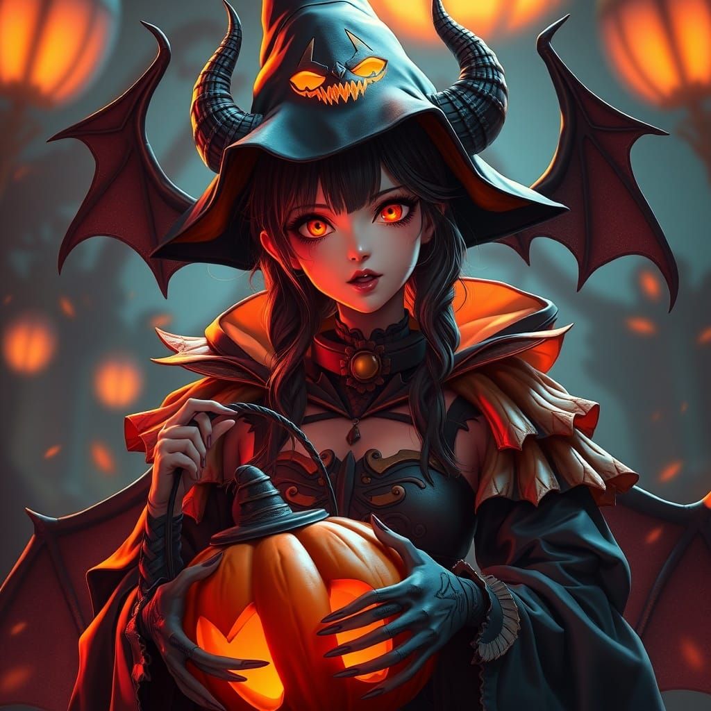 Anime Style Demon Woman with Pumpkin Basket
