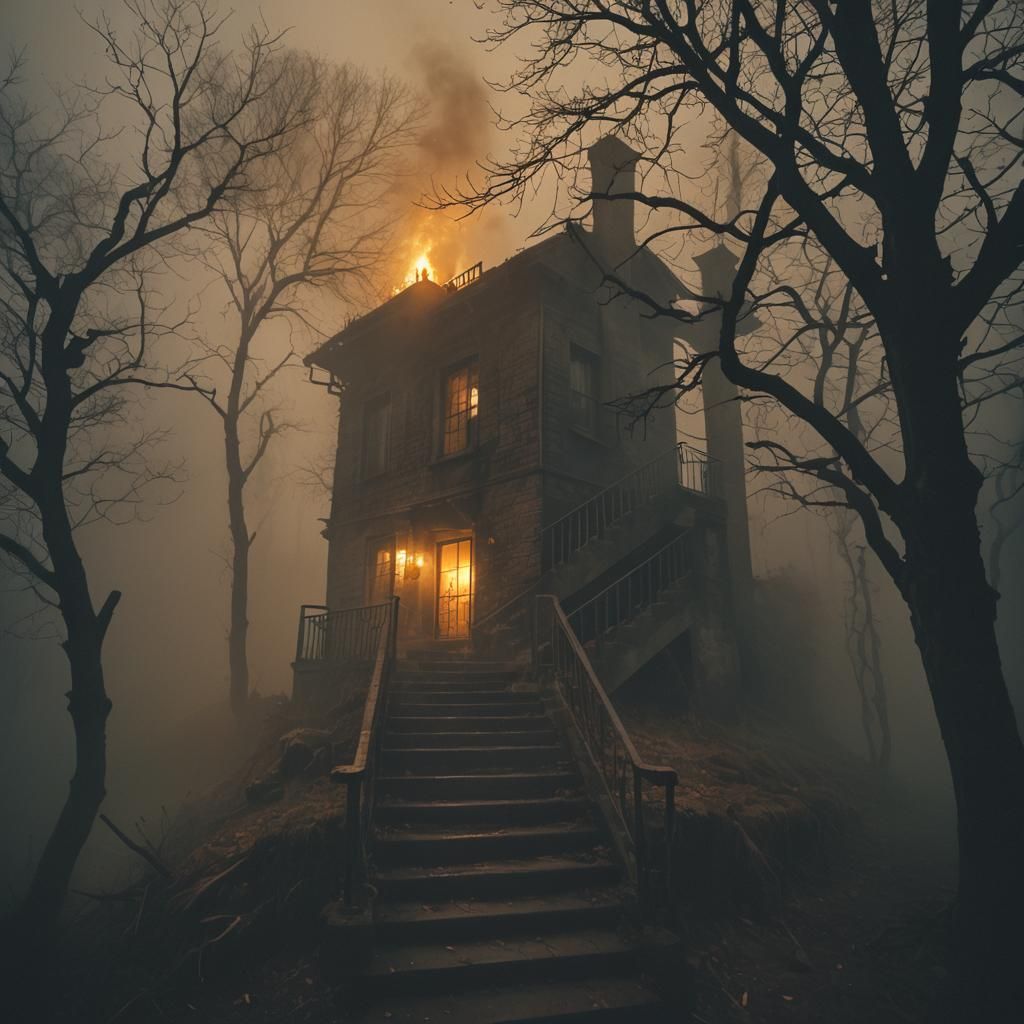 Eerie Stairs Lead to Fire in the Mist