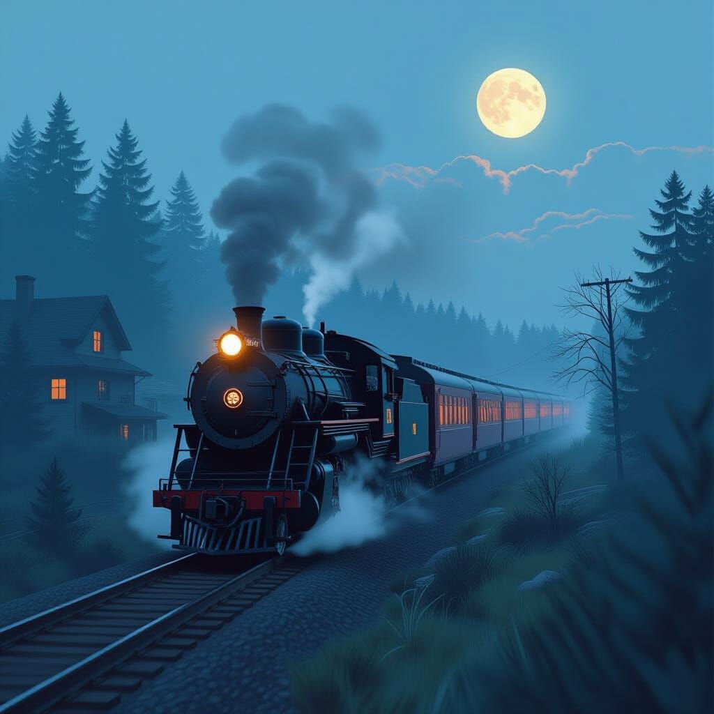 Train Rushing Through Misty Landscape in Futuristic Noir Sty...