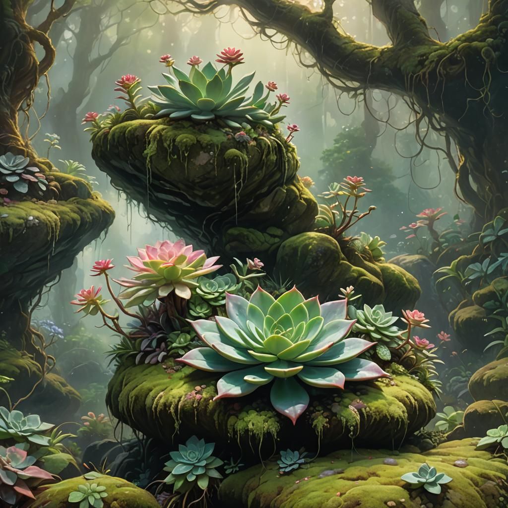 Succulent in Ethereal Fantasy Forest, Soft Light