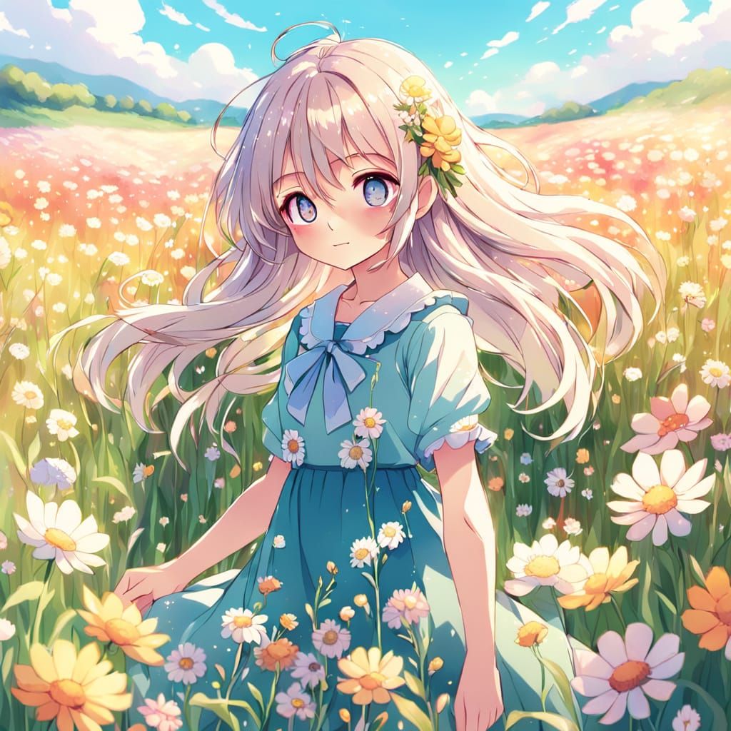 Cute Anime Girl in Flower Field