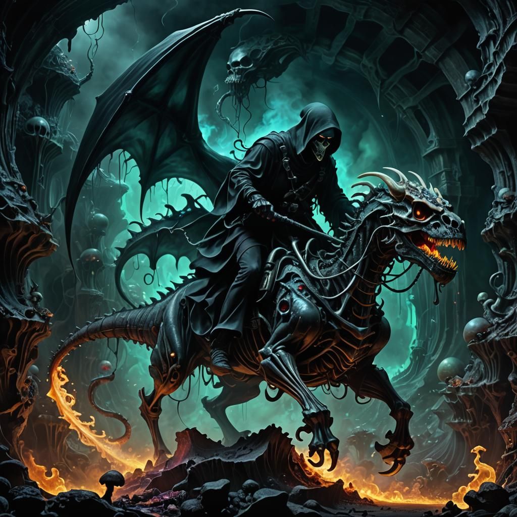 Grim Reaper Rides Dragon in Neon Noir Cavern