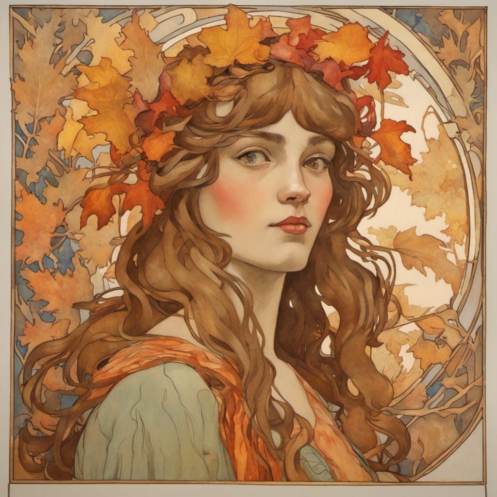 Art Nouveau Woman Portrait in Autumnal Gouache