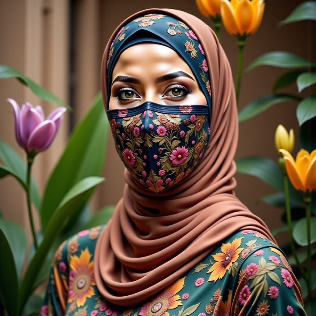A Beautiful Woman in Hijab Adorns a Vibrant Garden