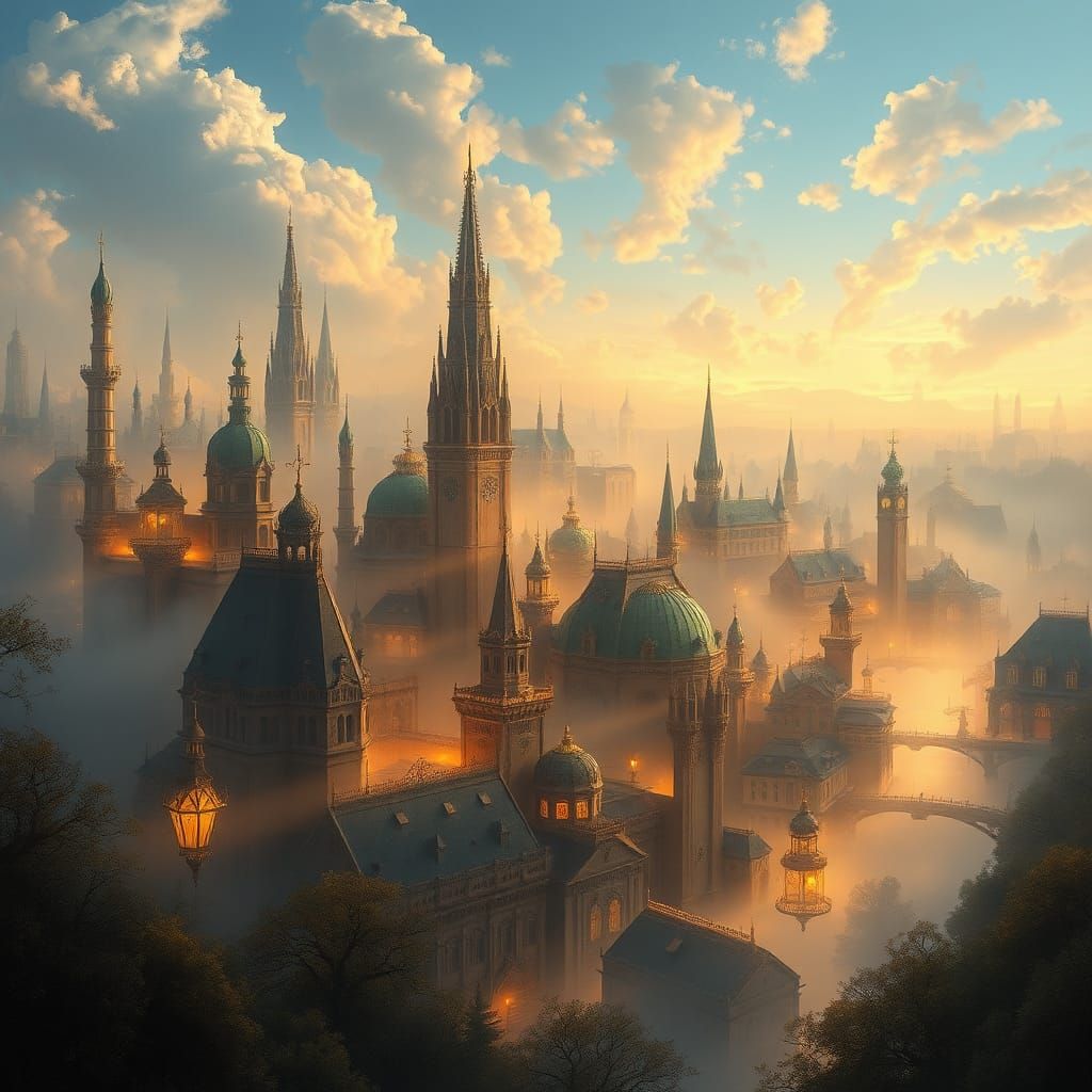 Mystical Cityscape in Ethereal Mist