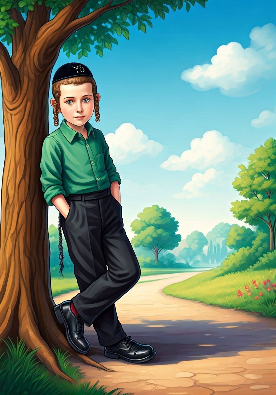 Hasidic Boy in Folk-Art Style with Embroidered Kippah