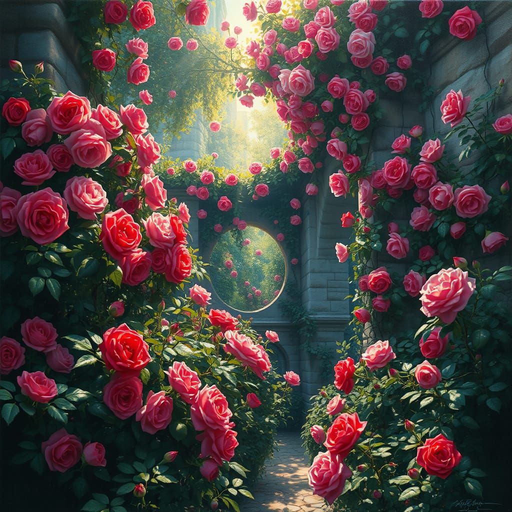 Secret Rose Garden in Romantic Oil Painting Style
