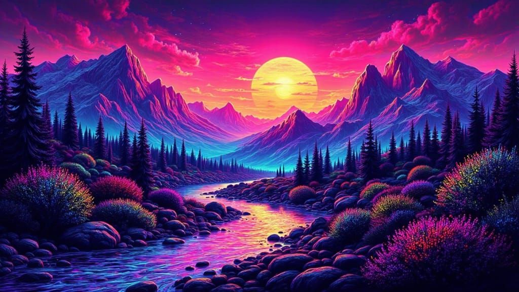 Vibrant Neon Landscape Art with Metallic Mountains and Strob...