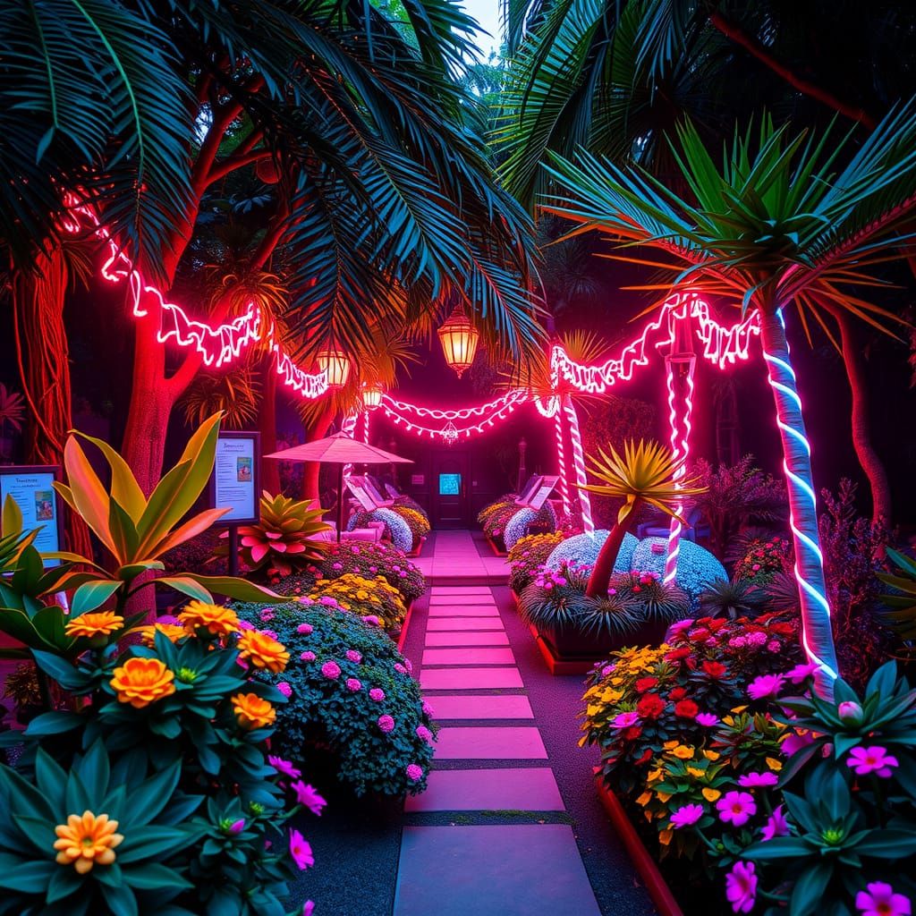 Vibrant Utopian Garden in Neon Fantasy