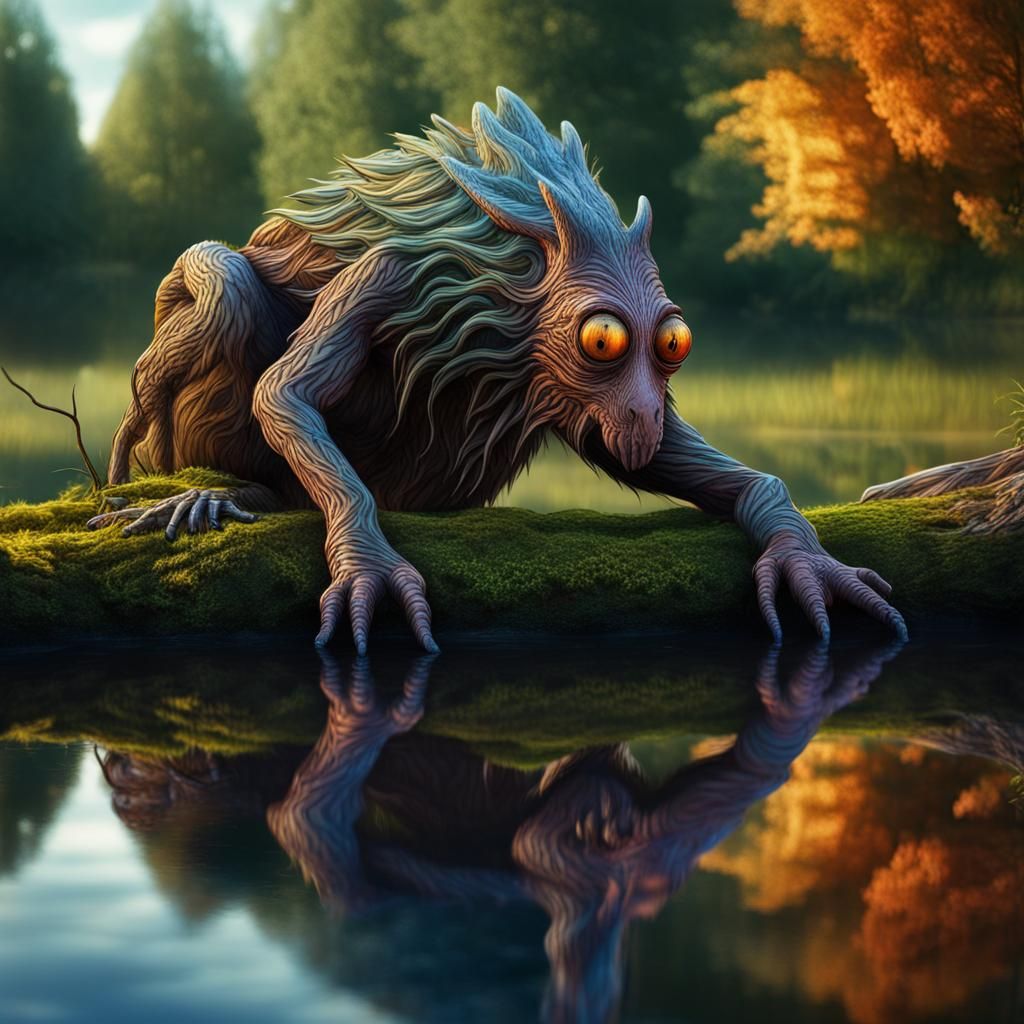 Colorful Wood-Creature Gazing at Pond Reflection