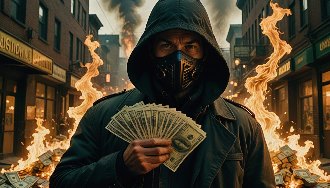 Sly Scammer Holds Cash in Gritty, Cinematic Scene