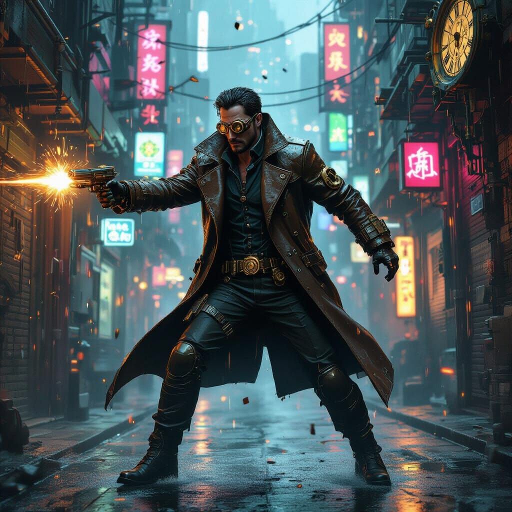 Steampunk Neo Dodges Bullets in Cyberpunk Matrix Alley