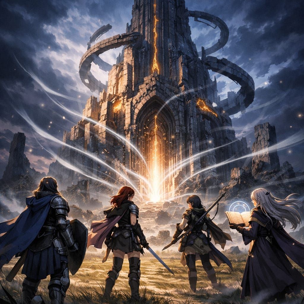 Anime Key Art: Adventurers Approach Ancient Spire-Temple