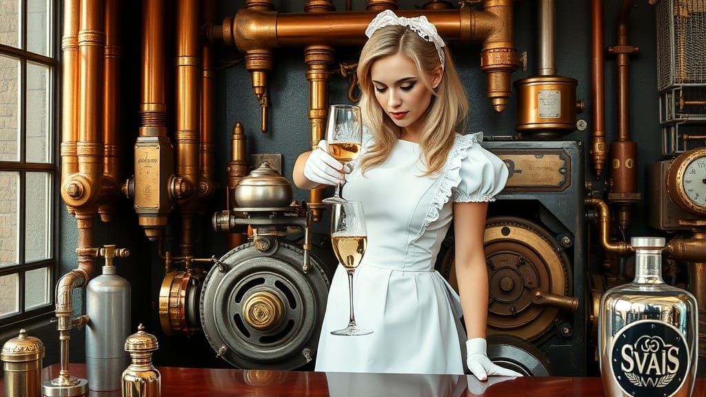 Steampunk Maid Pours Champagne in Syd Mead Style