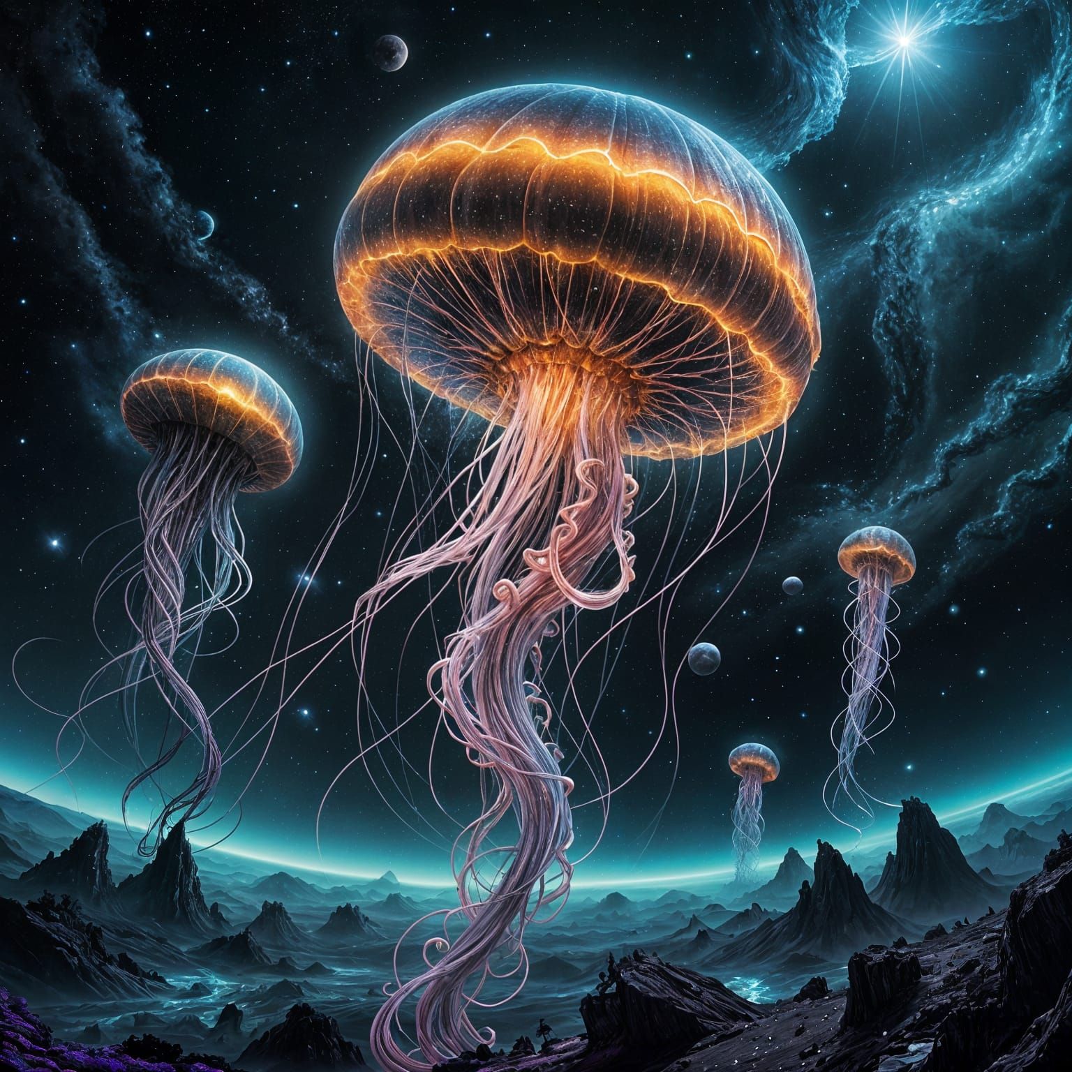 Cosmic Bioluminescent Jellyfish in Nebulae