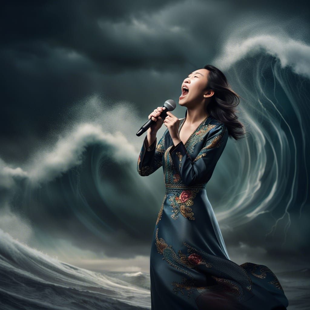 Chinese Singer on Stormy Sea Stage: Hyperrealistic Photo