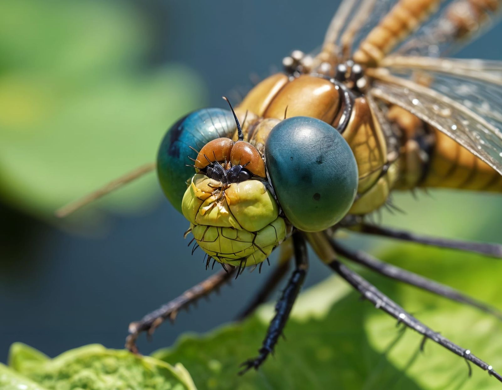Macro Dragonfly Head on Water Lily in Digital Art