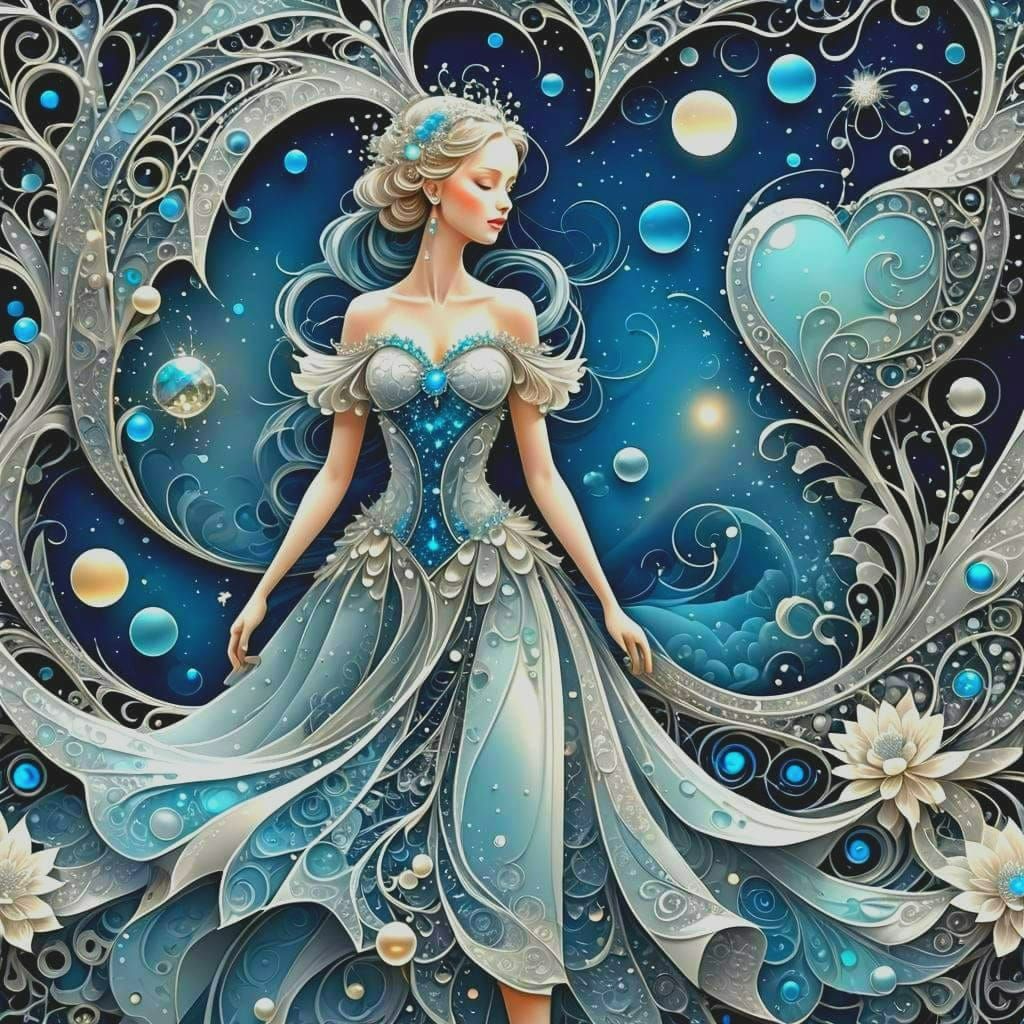 Woman in Silver Dress by Lake at Night