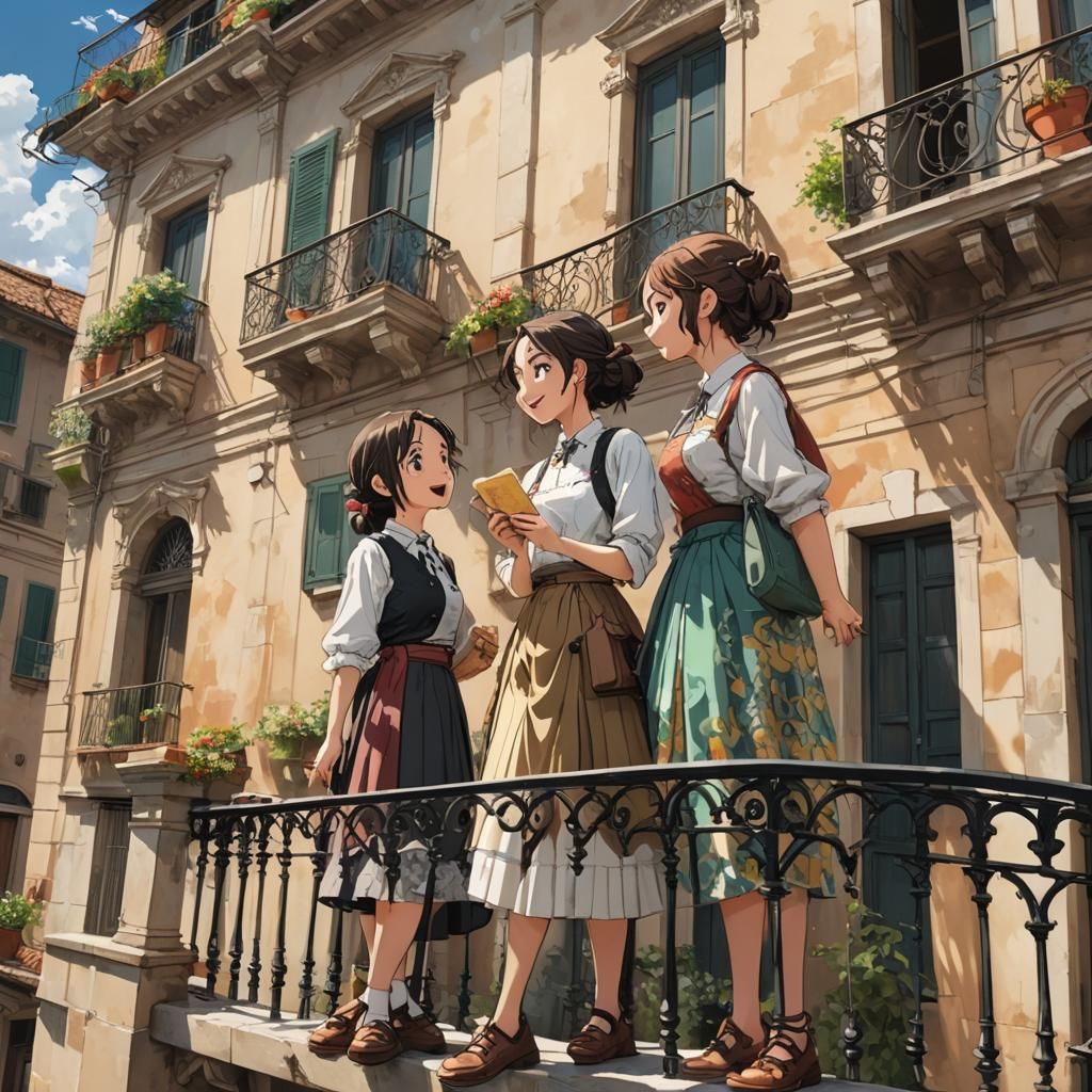 Italian Women Balcony Scene in Anime Style