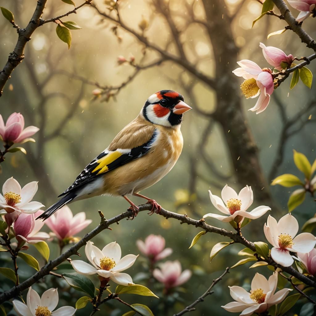Goldfinch on Magnolia Branch in Ethereal Garden