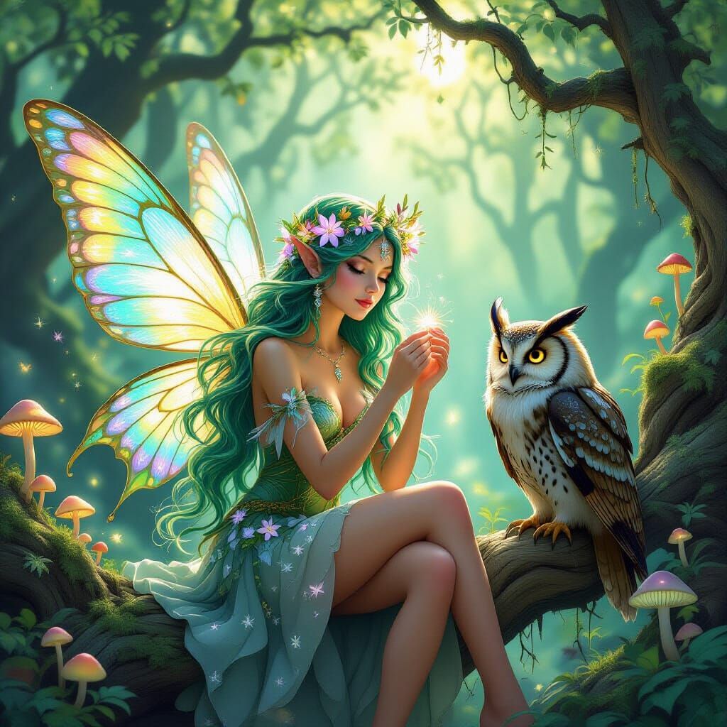 Forest Nymph and Owl in Enchanted Woods