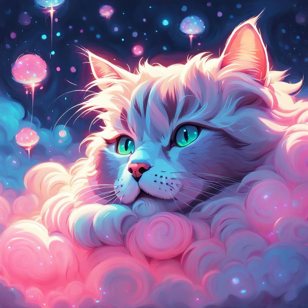 Fluffy Cat Resting on Magical Fluorescent Cloud