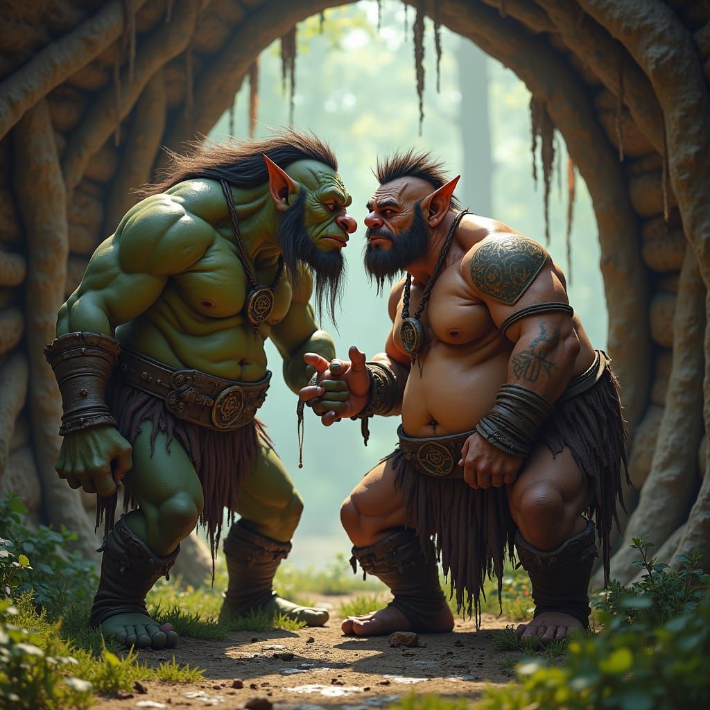 A  female Orc, flirts with a male troll, enticing him to her...