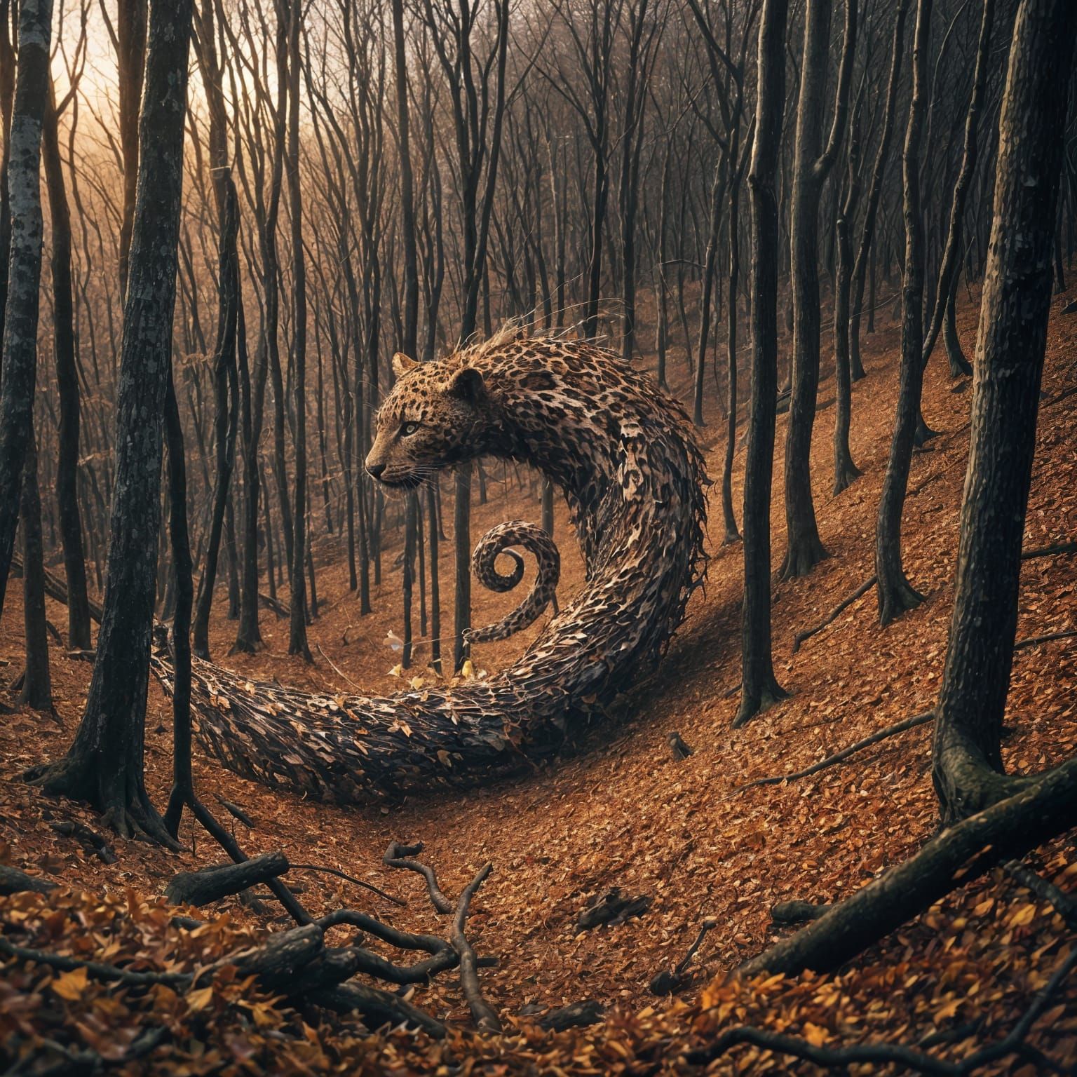 Autumnal Leopard Made of Leaves in Creepy Forest