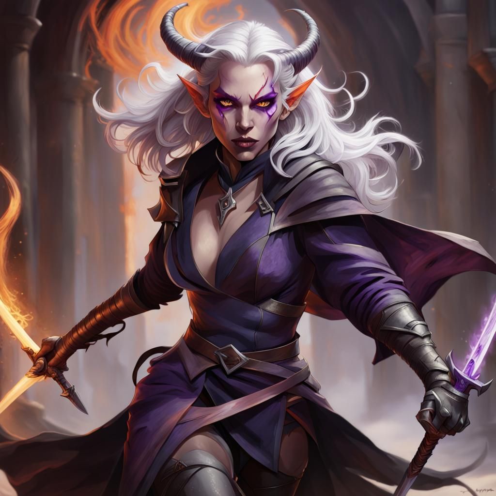 Tiefling Warrior with Fiery Sword in Comic Style