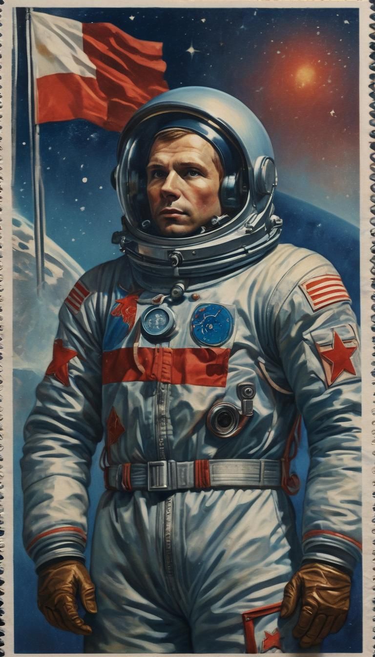 Yuri Gagarin Soviet Art Stamp in Socialist Realism