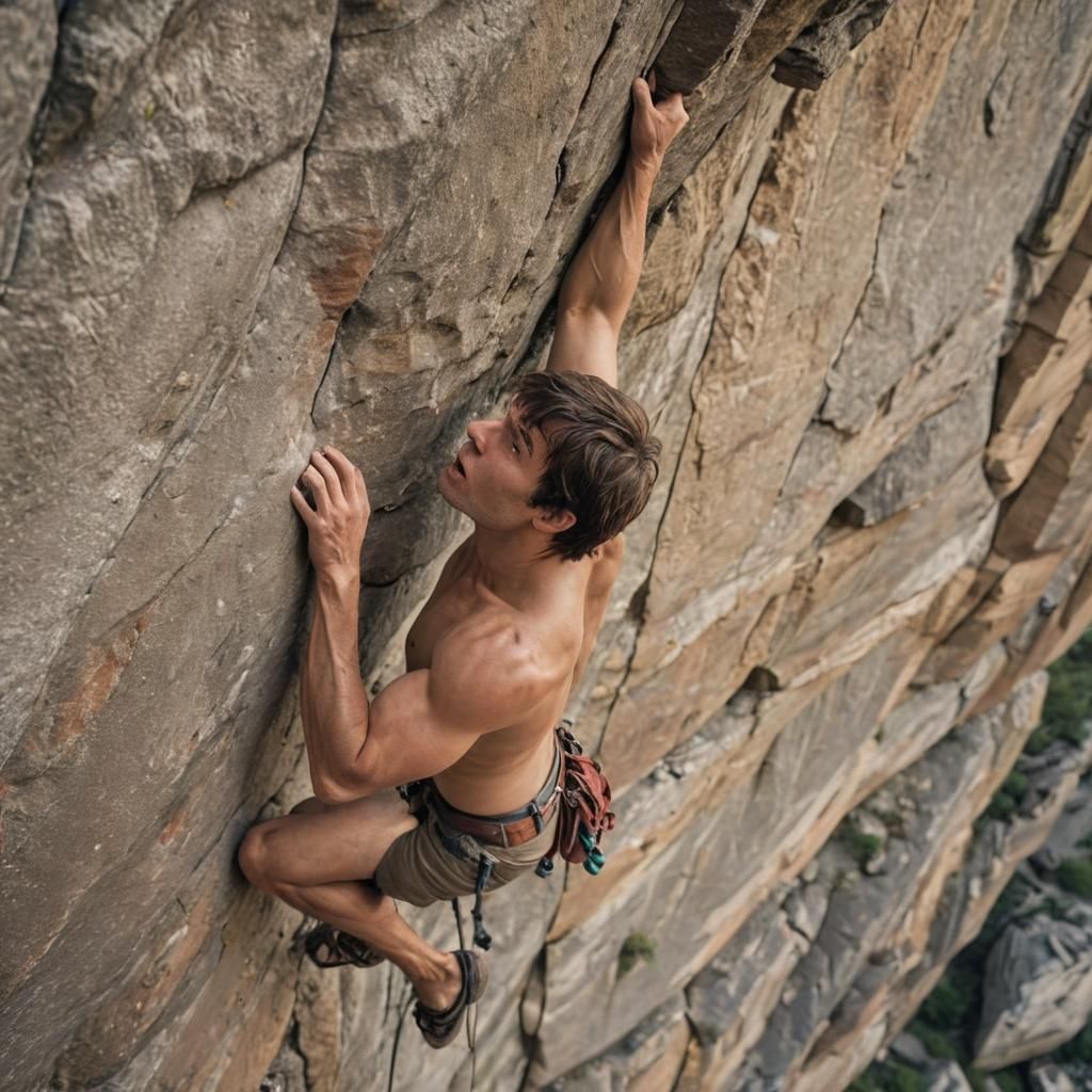Shirtless Man Free Solo Climbing: Cinematic Film Still
