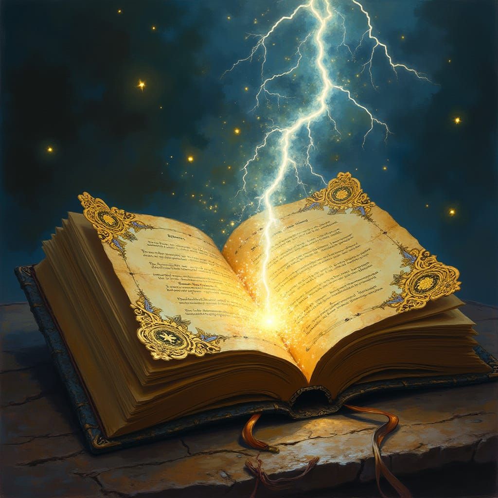 Mystical Leather-Bound Tome Illuminated by Lightning