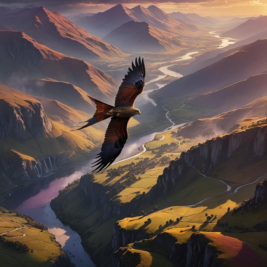 Red Kite and Crow in Dark Fantasy Landscape
