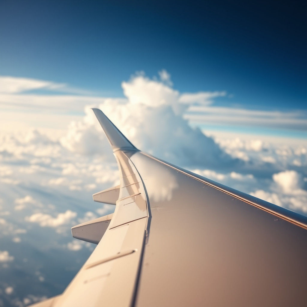 Aerodynamic Plane Wing in Blue Sky Aviation Photo