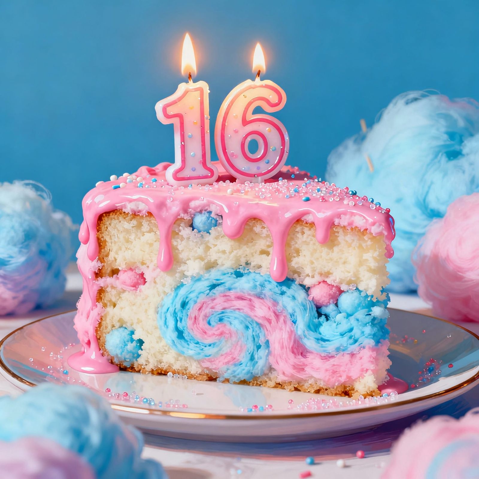 Hyperrealistic Cotton Candy Poke Cake Slice with Candle