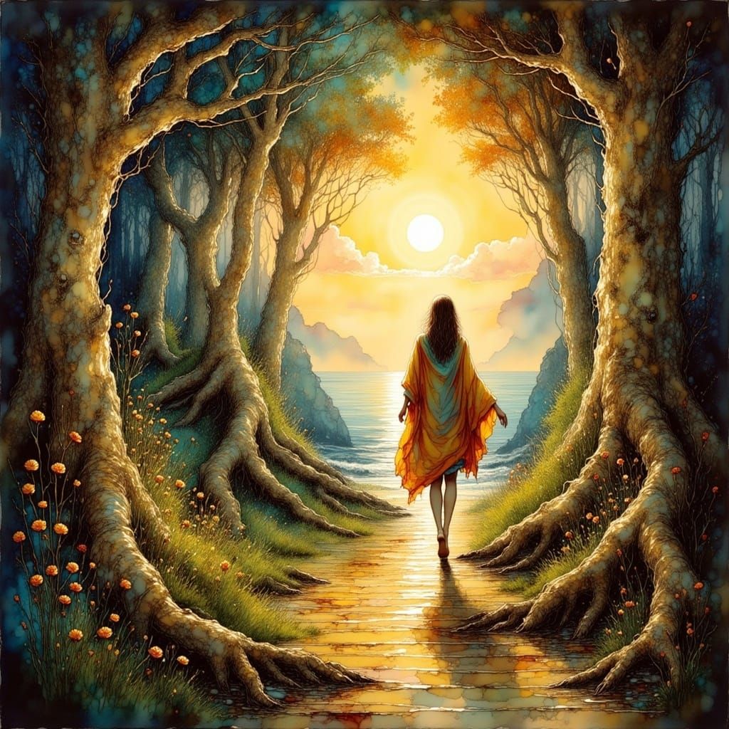 Woman Emerges from Forest to Sea in Allegorical Painting Sty...