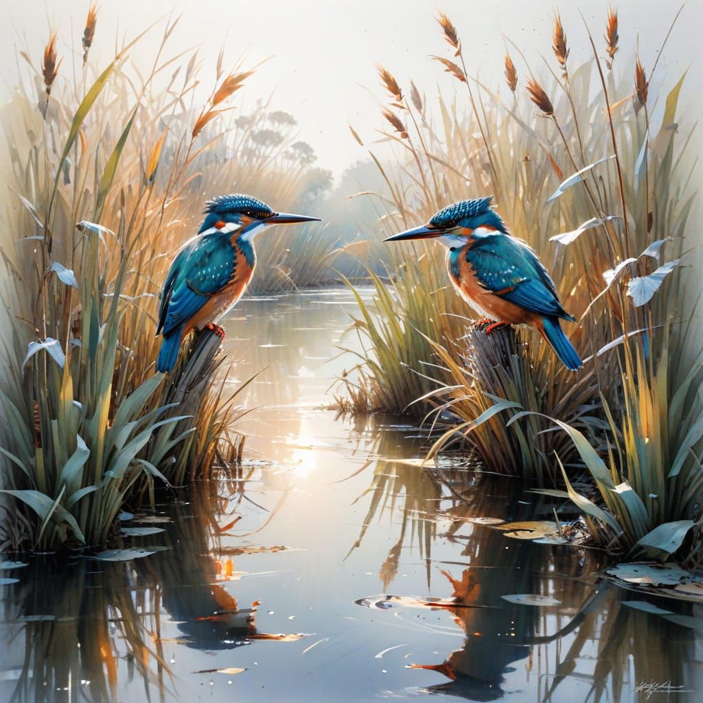 Majestic Kingfishers in Reeds Watercolor Painting