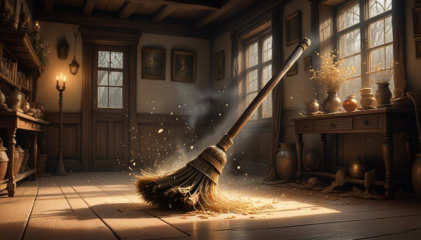 Magical Broom Sweeping Floor in Arthur Rackham Style